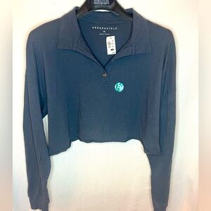 Aeropostale Womens Black Cropped Top long sleeve collared XL NEW recylced cotton